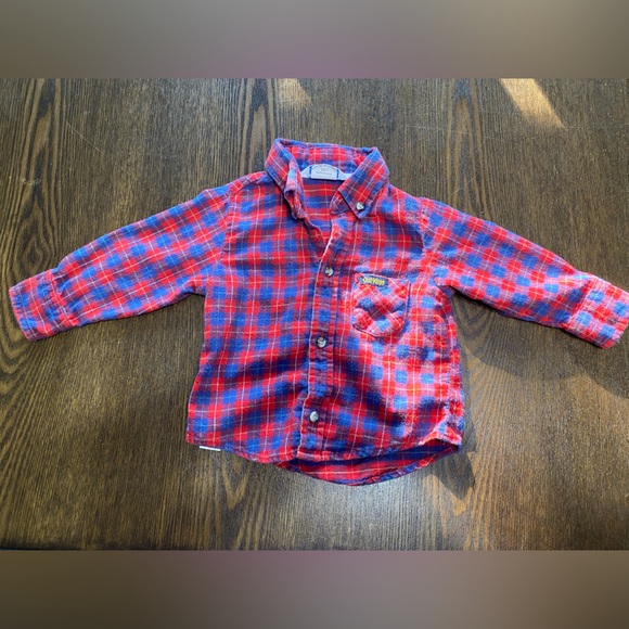 Vintage Osh Kosh Red Blue Plaid Flannel Button Down Shirt Winter Size 12 Month - Picture 2 of 8